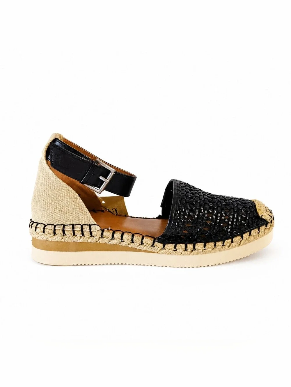 a.n.a Clara Woven Espadrille Sandals Black Beige Ankle Strap Size 6.5 New